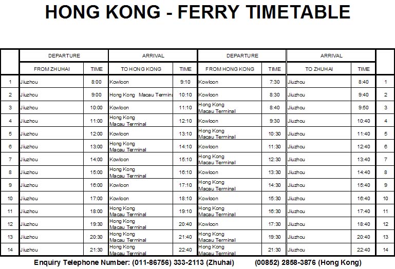 Hong Kong Ferry Schedule